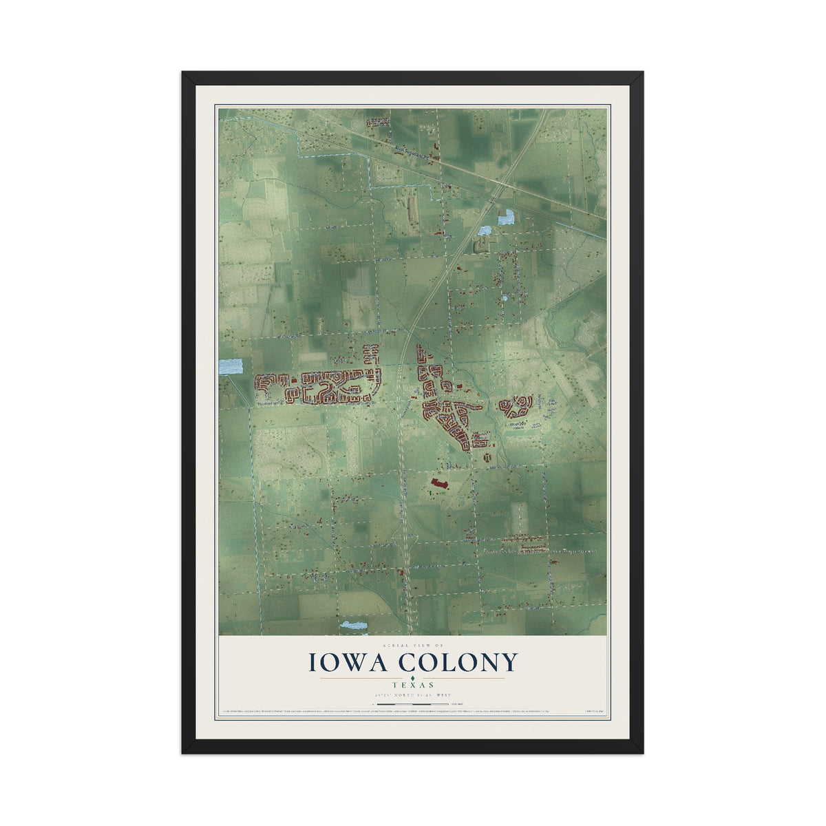 Map of Iowa Colony, Texas, 12 x 18 inch print in a black wood frame