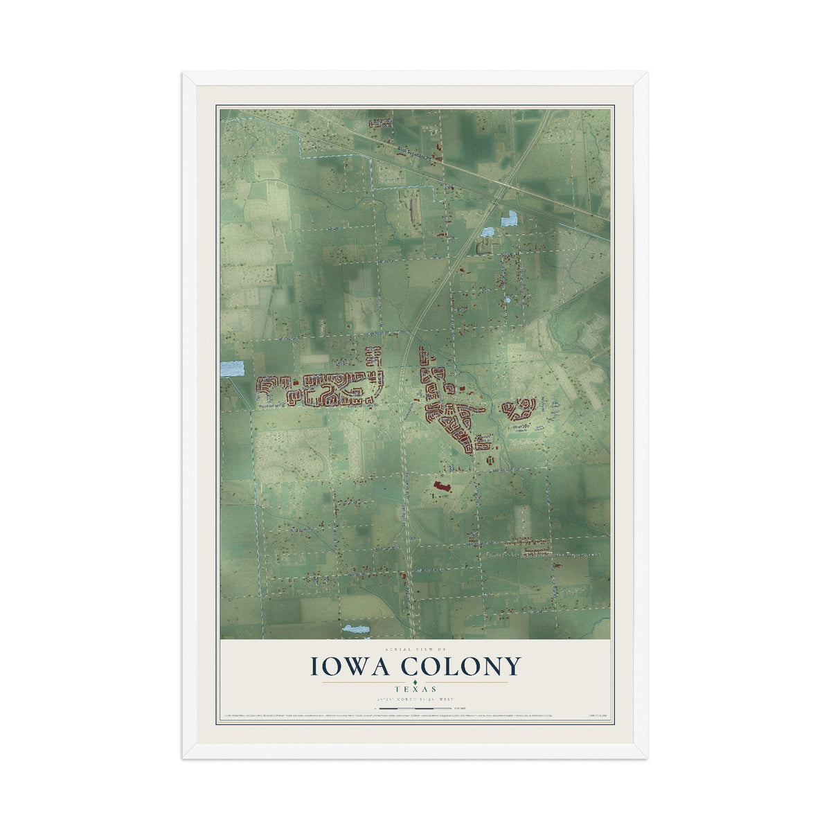 Map of Iowa Colony, Texas, 12 x 18 inch print in a white wood frame
