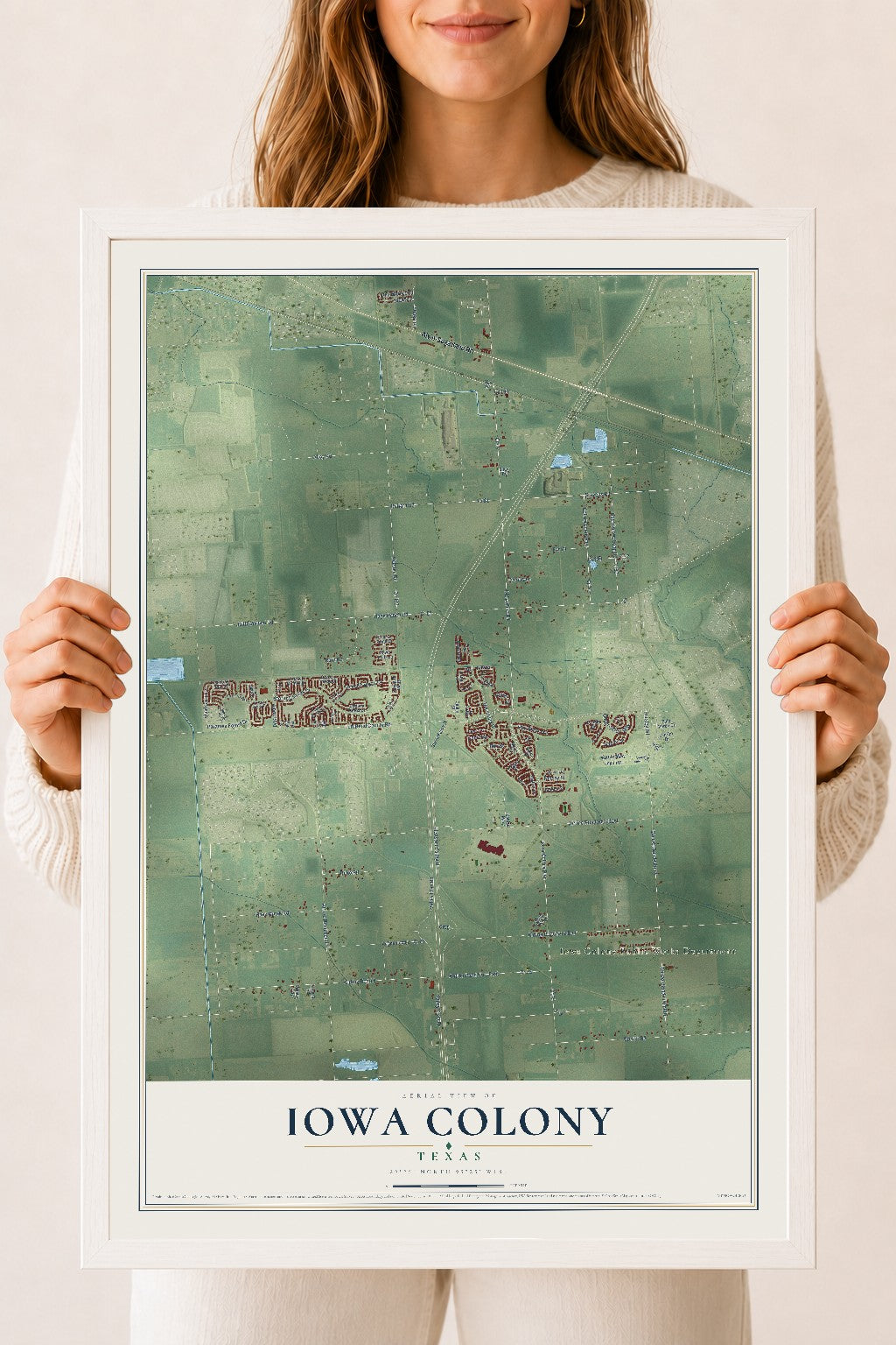 Map of Iowa Colony, Texas, 18 x 24 inch print in a white wood frame