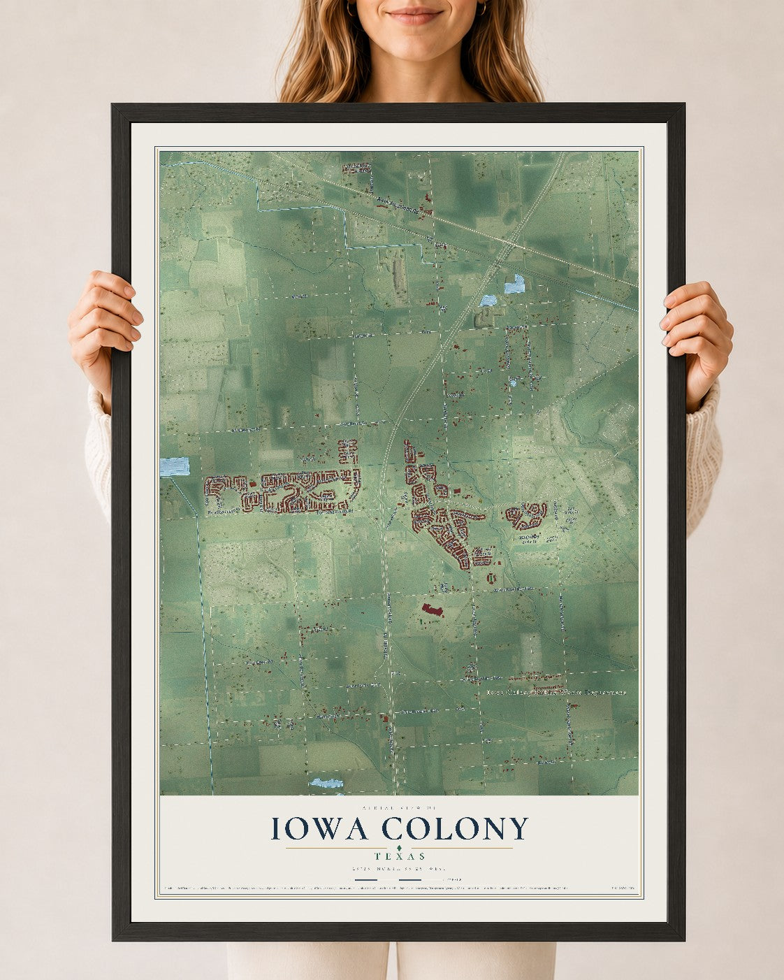 Map of Iowa Colony, Texas, 24 x 36 inch print in a black wood frame