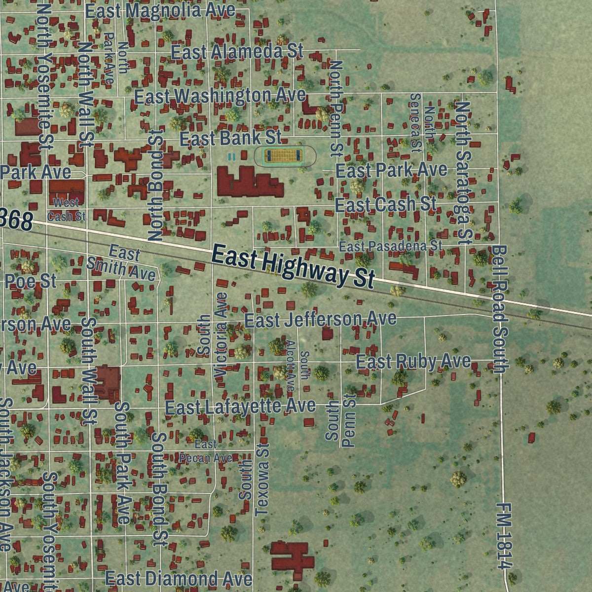 Second close-up of the map of Iowa Park, Texas print showing more streets and buildings