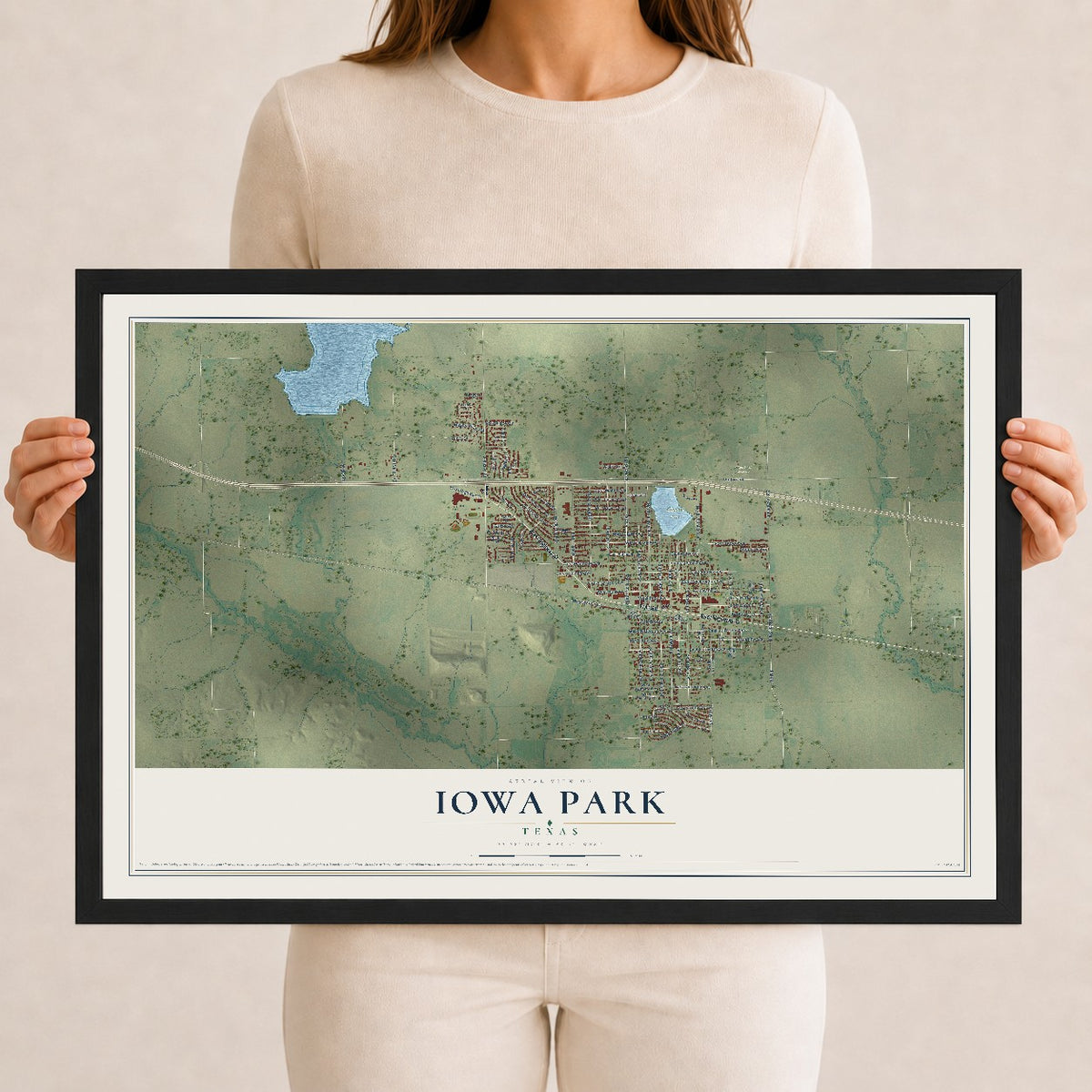 Map of Iowa Park, Texas, 12 x 18 inch print in a black wood frame