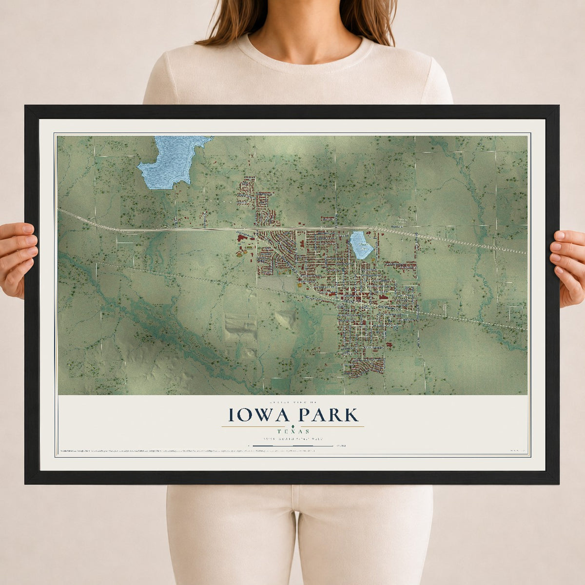 Map of Iowa Park, Texas, 18 x 24 inch print in a black wood frame