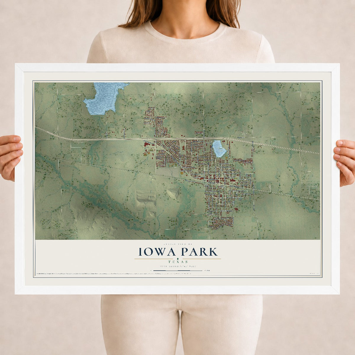Map of Iowa Park, Texas, 18 x 24 inch print in a white wood frame