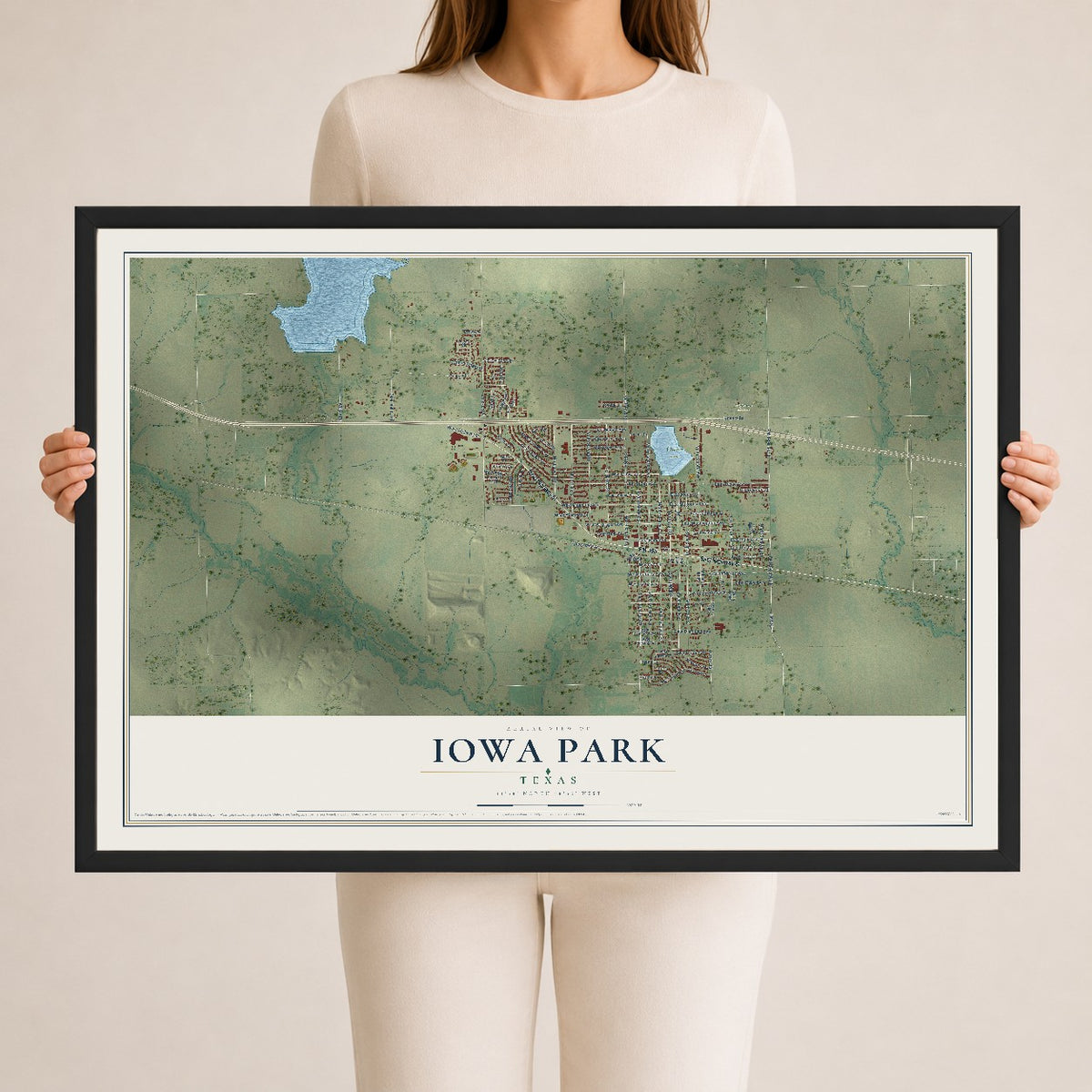 Map of Iowa Park, Texas, 24 x 36 inch print in a black wood frame