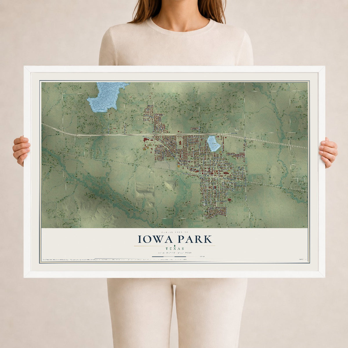 Map of Iowa Park, Texas, 24 x 36 inch print in a white wood frame