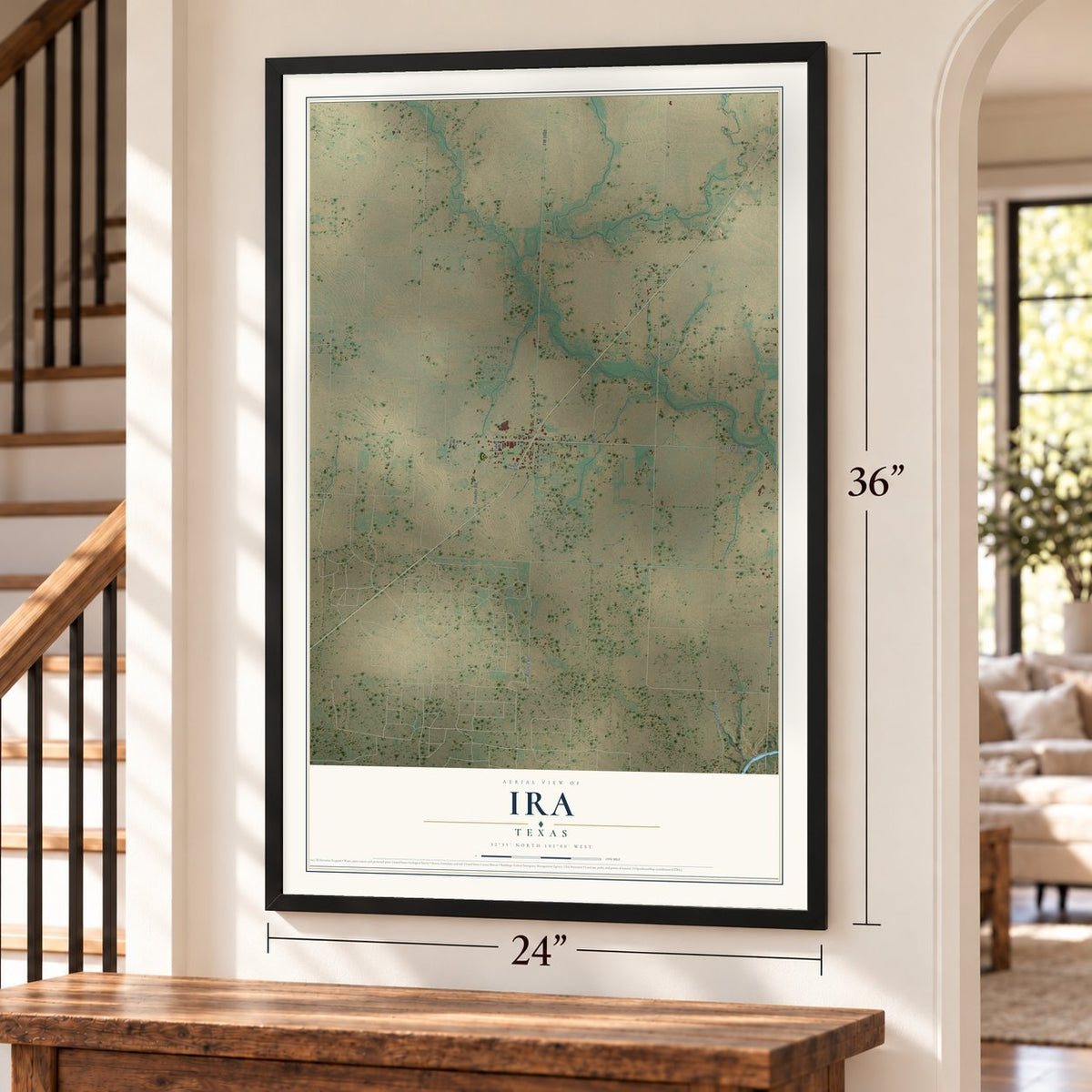 Ira, Texas map, 24 x 36 inch print in a black frame by a staircase