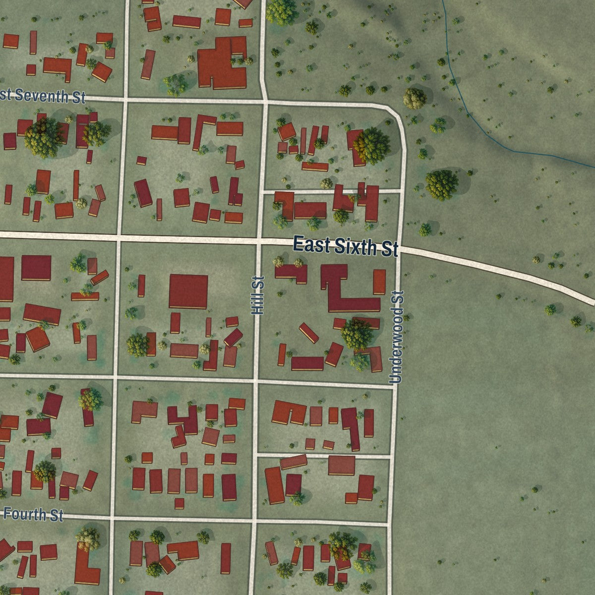 Second close-up of the map of Iraan, Texas print showing more streets and buildings