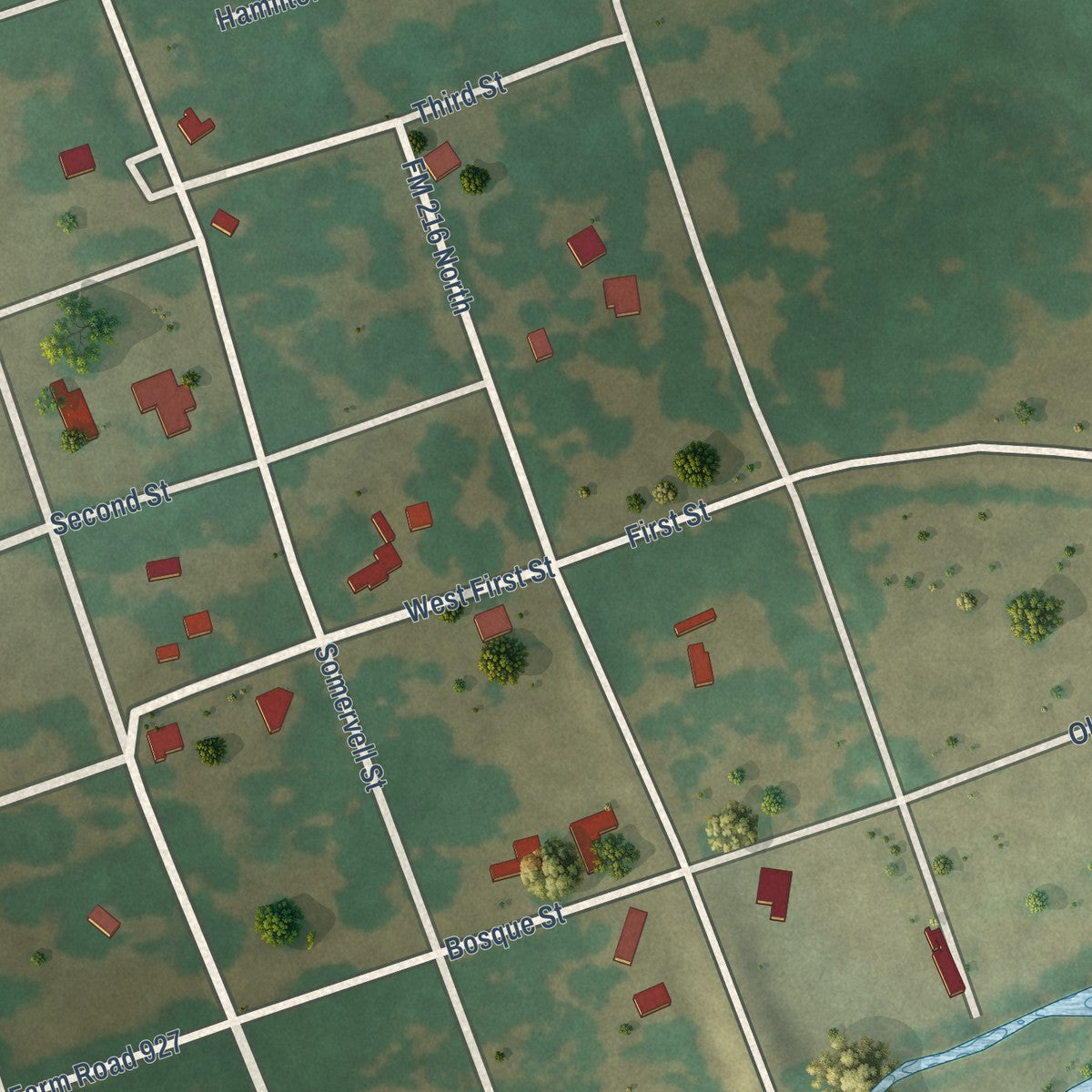 Second close-up of the map of Iredell, Texas print showing more streets and buildings