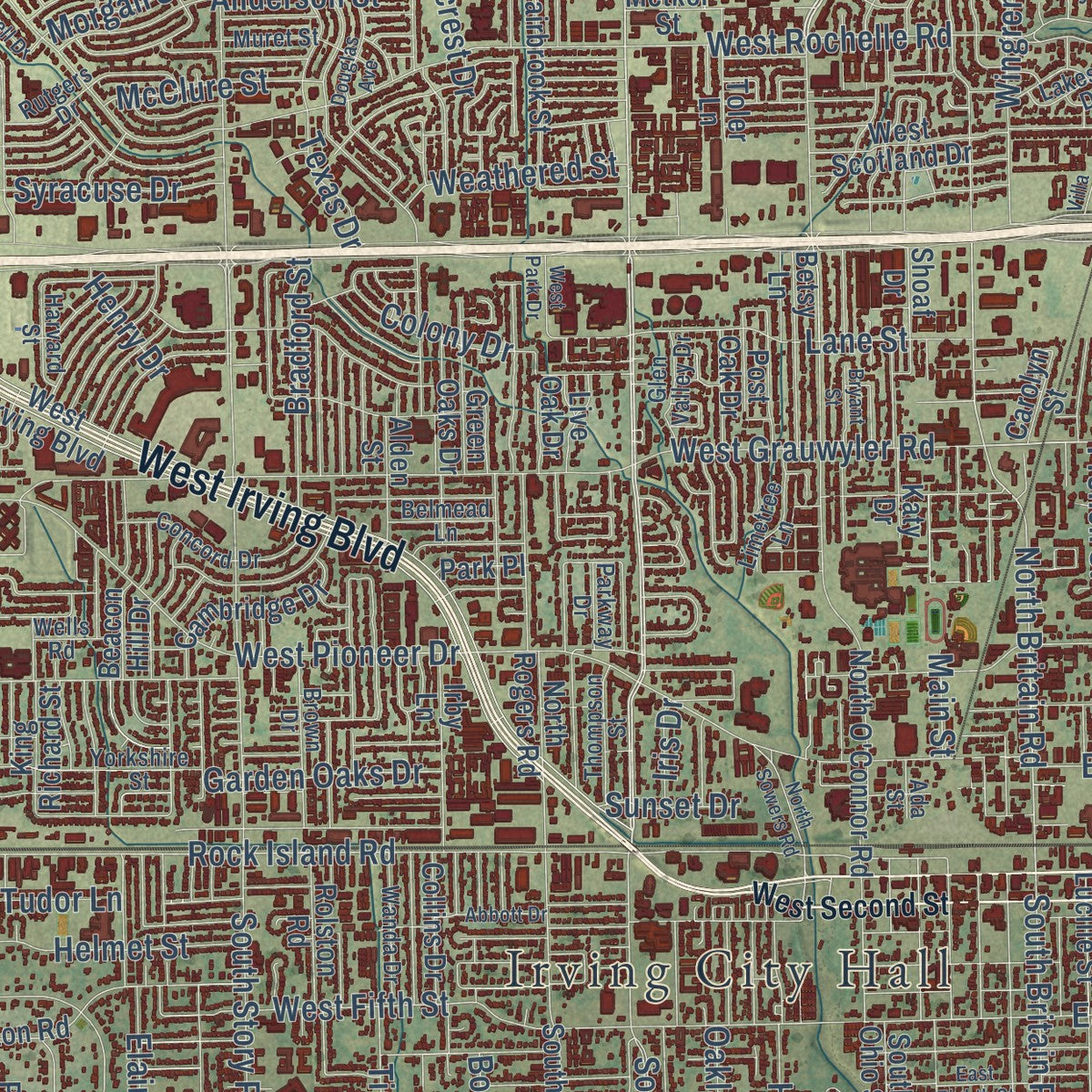 Close-up of the map of Irving, Texas print showing street and building detail