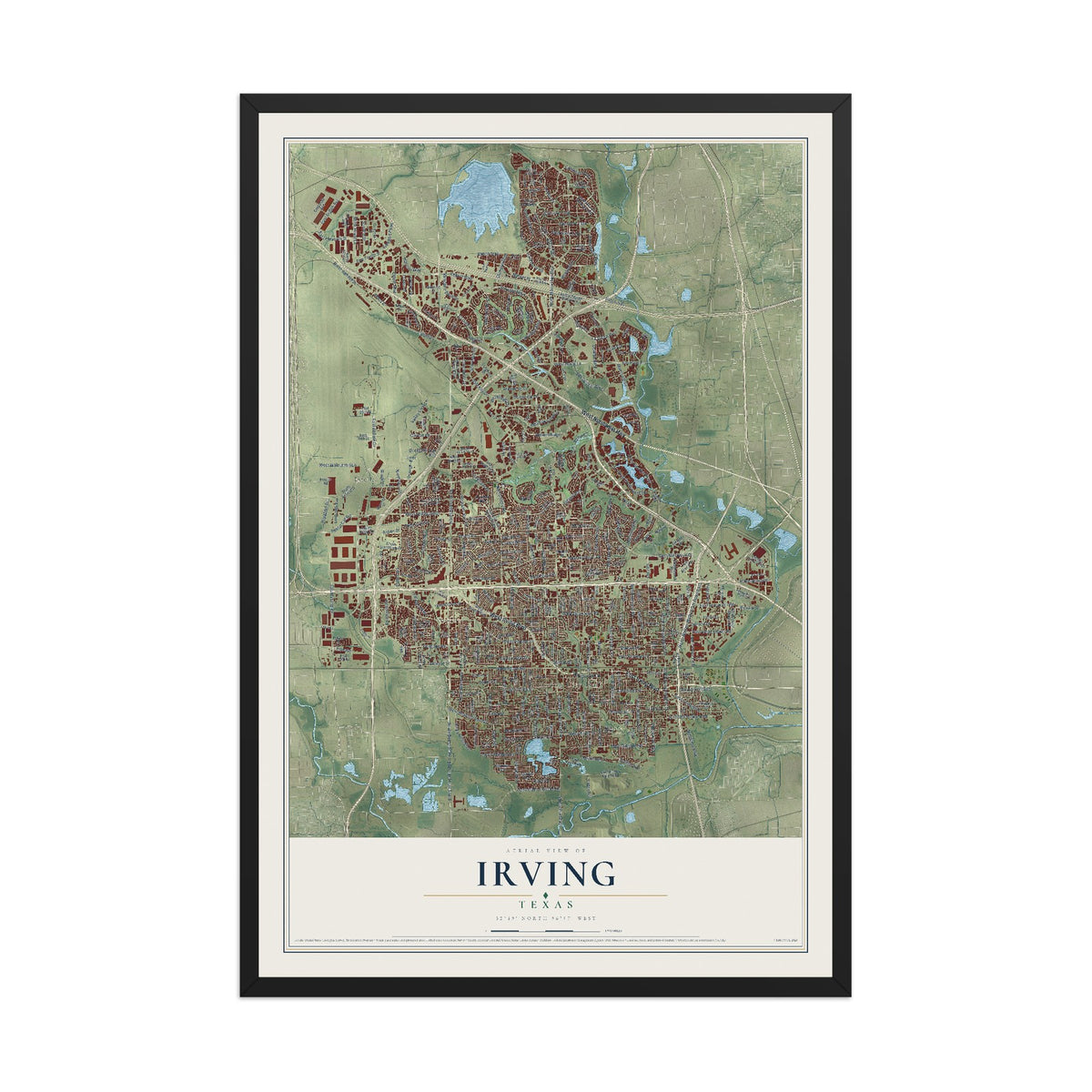 Map of Irving, Texas, 12 x 18 inch print in a black wood frame