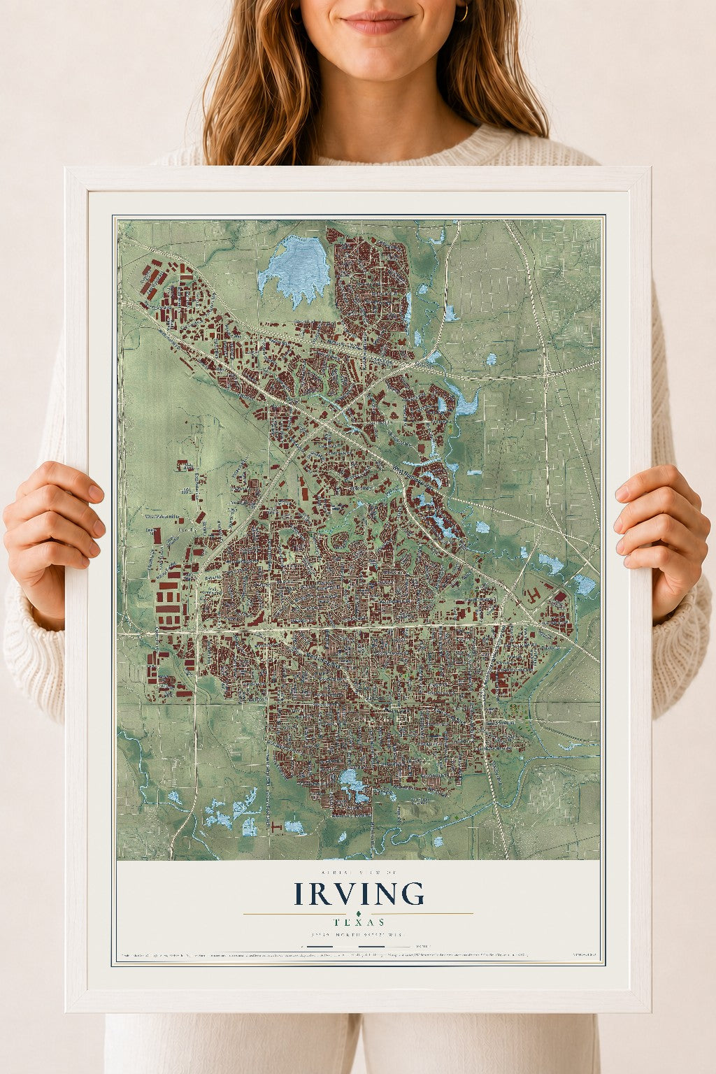 Map of Irving, Texas, 18 x 24 inch print in a white wood frame