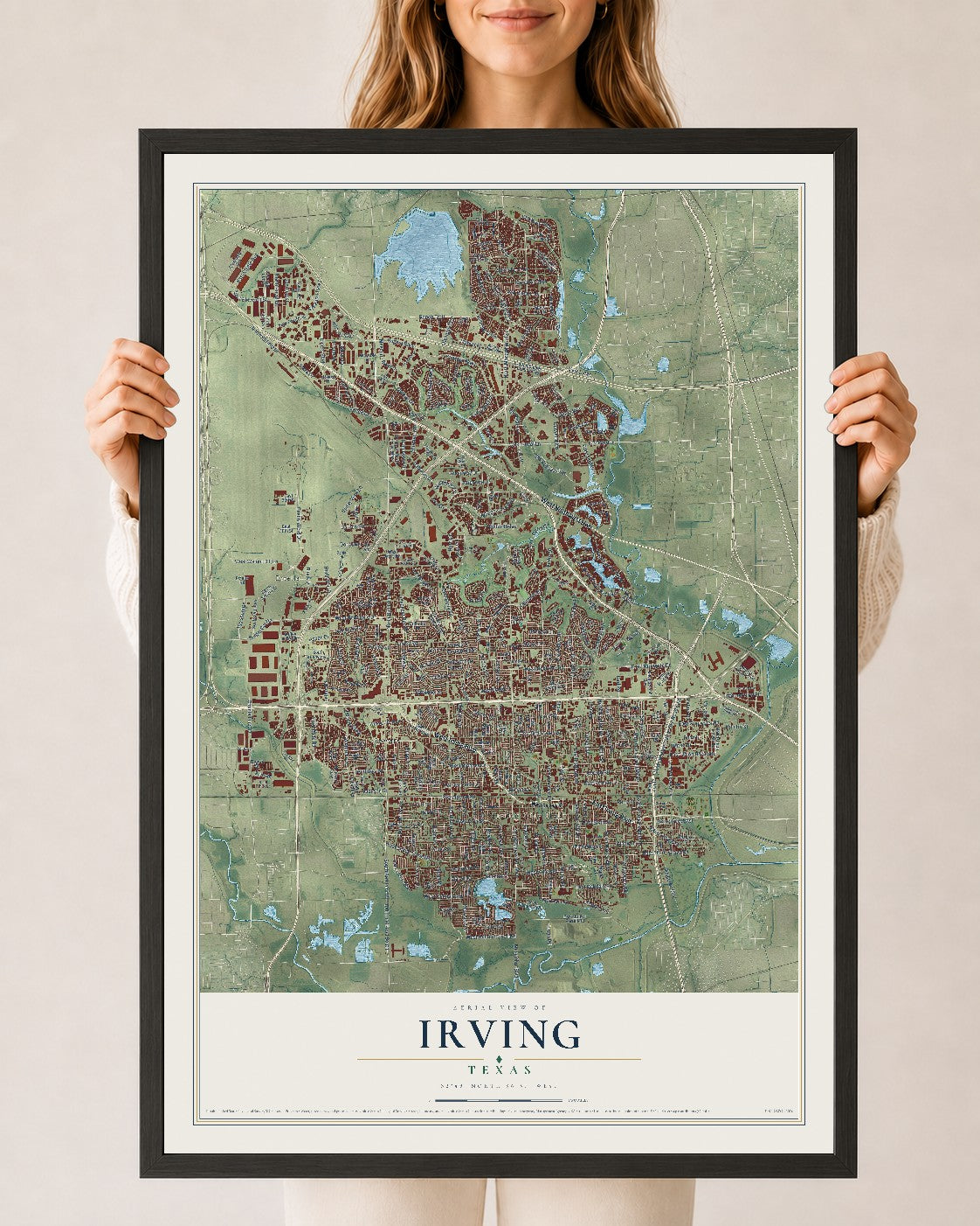 Map of Irving, Texas, 24 x 36 inch print in a black wood frame