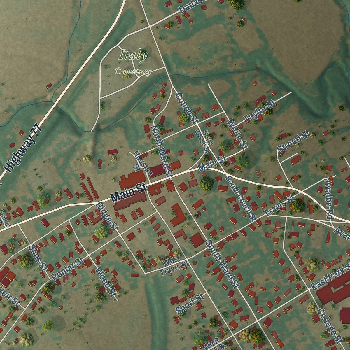 Close-up of the map of Italy, Texas print showing street and building detail