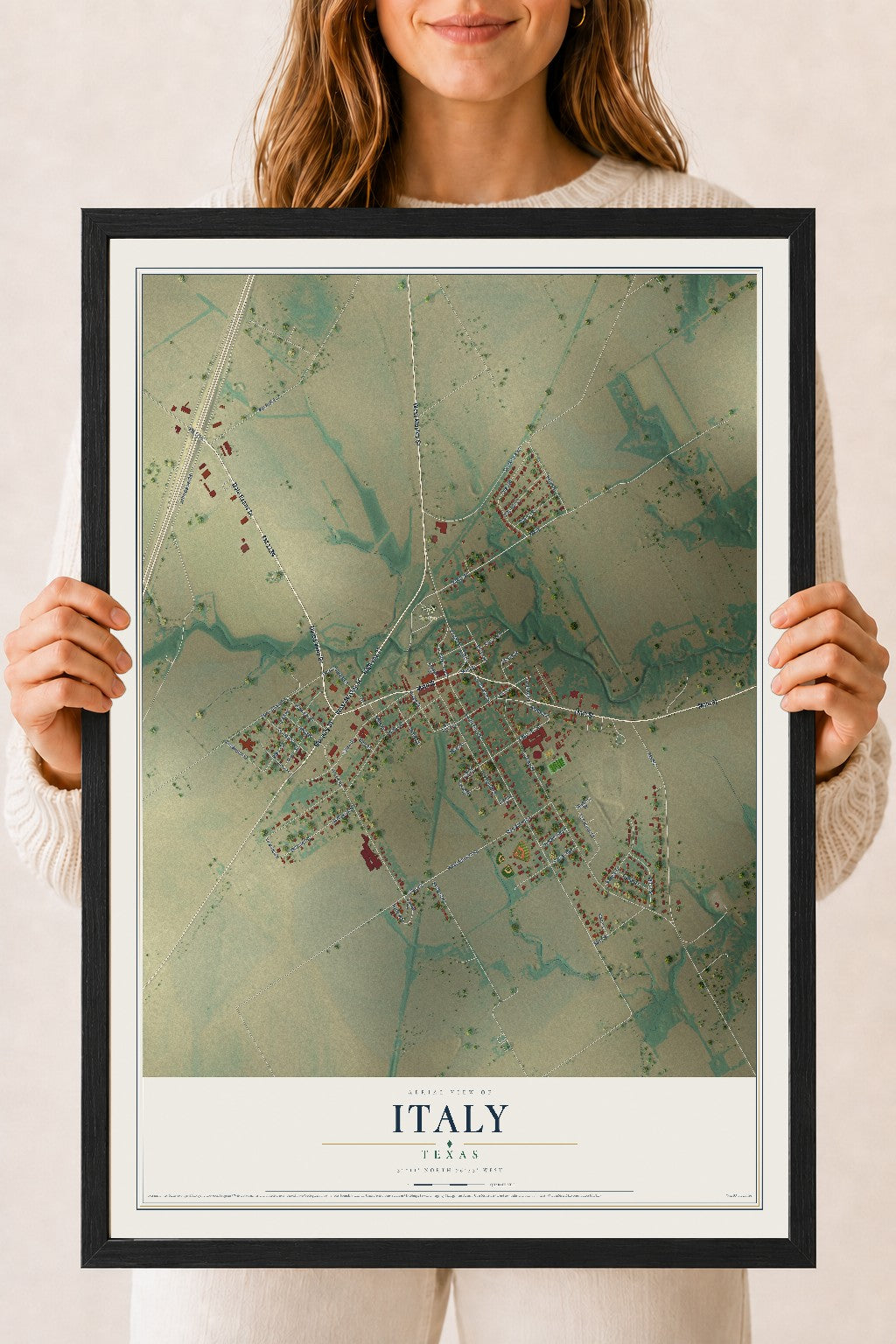 Map of Italy, Texas, 18 x 24 inch print in a black wood frame
