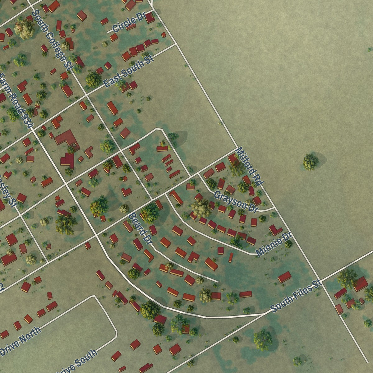 Second close-up of the map of Itasca, Texas print showing more streets and buildings