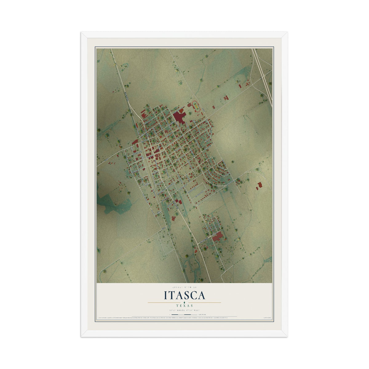 Map of Itasca, Texas, 12 x 18 inch print in a white wood frame