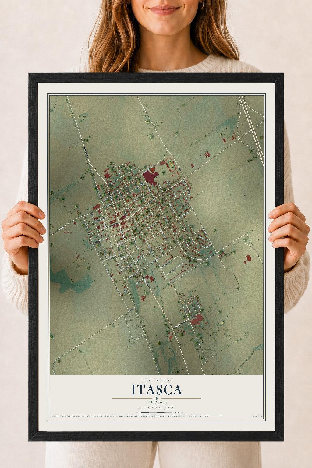 Map of Itasca, Texas, 18 x 24 inch print in a black wood frame