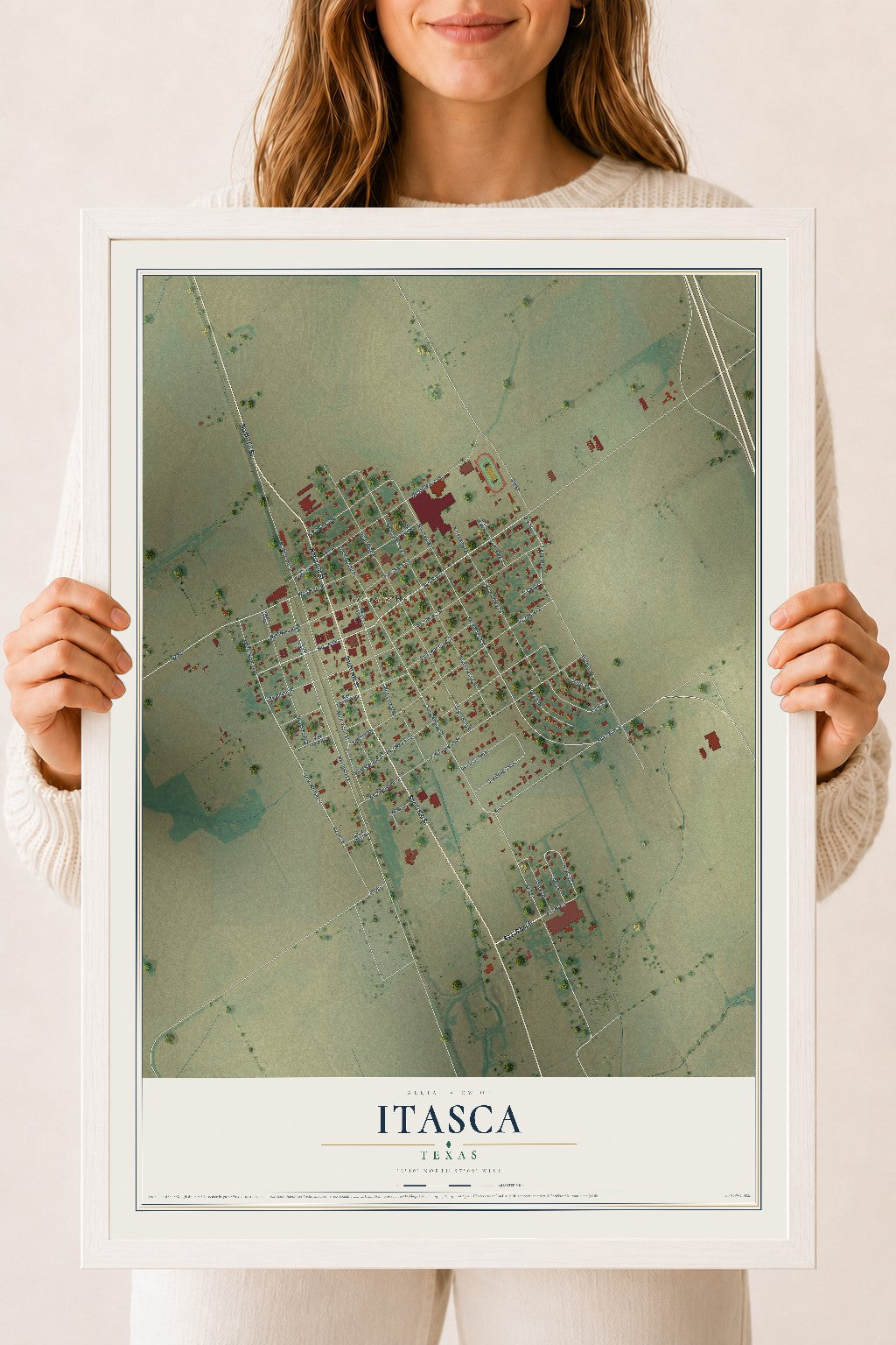 Map of Itasca, Texas, 18 x 24 inch print in a white wood frame