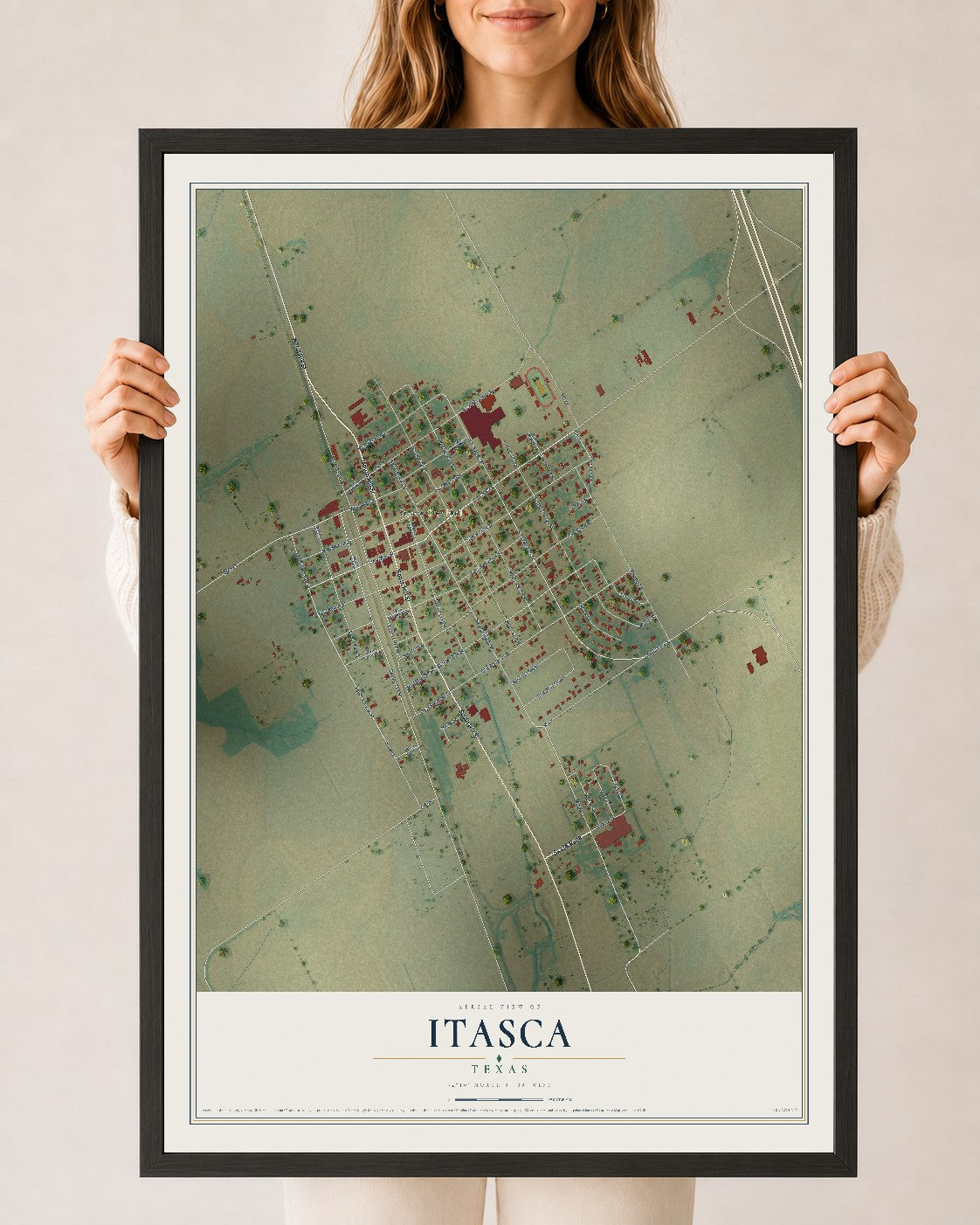 Map of Itasca, Texas, 24 x 36 inch print in a black wood frame