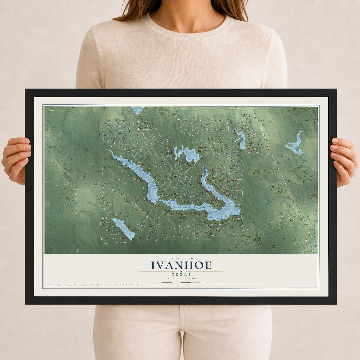 Map of Ivanhoe, Texas, 12 x 18 inch print in a black wood frame