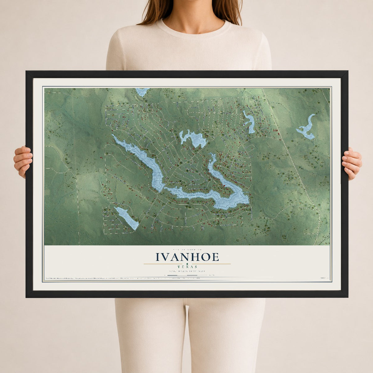 Map of Ivanhoe, Texas, 24 x 36 inch print in a black wood frame