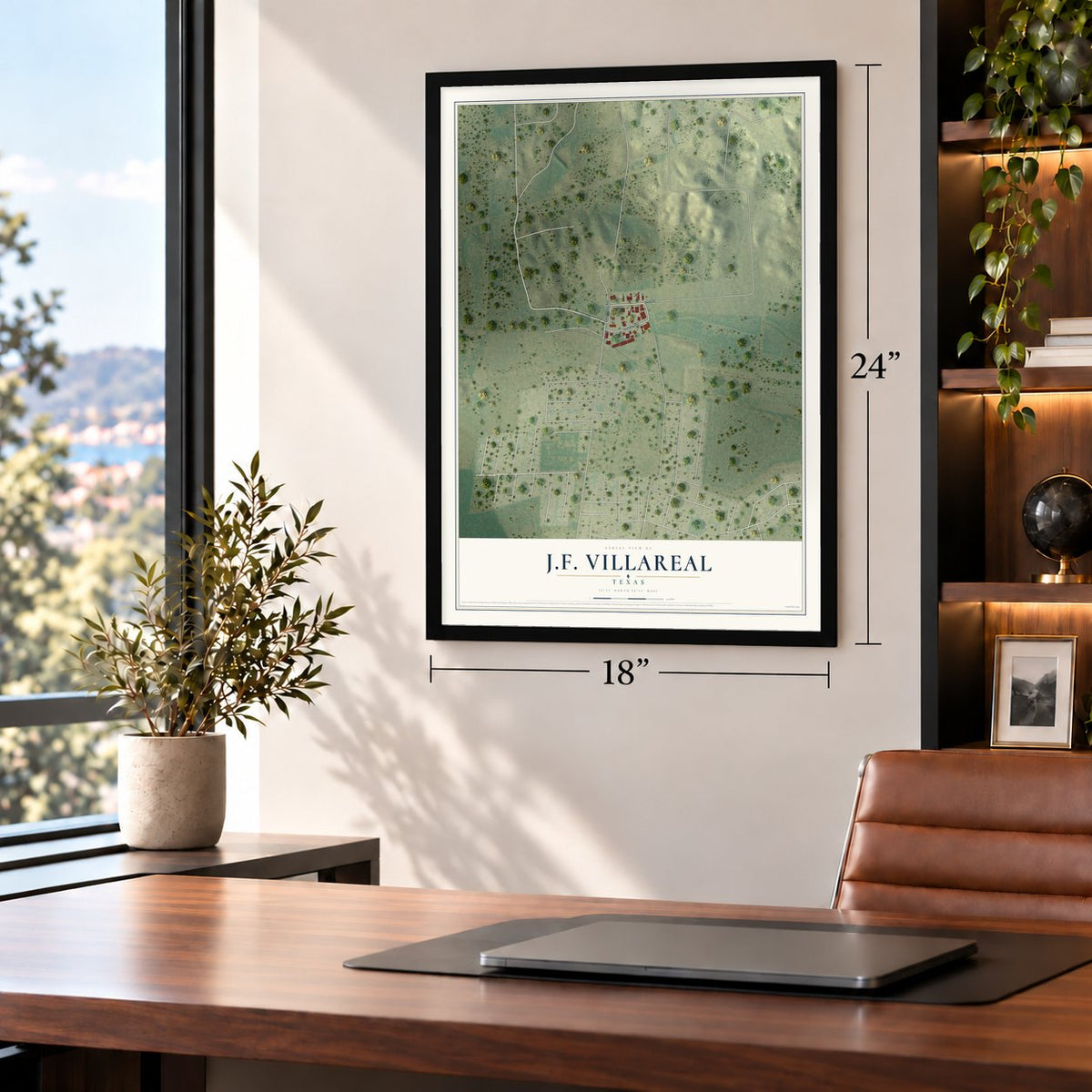 J.F. Villareal, Texas map, 18 x 24 inch print in a black frame in a home office