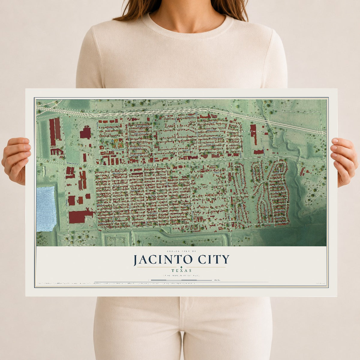 Map of Jacinto City, Texas, 12 x 18 inch unframed archival matte print