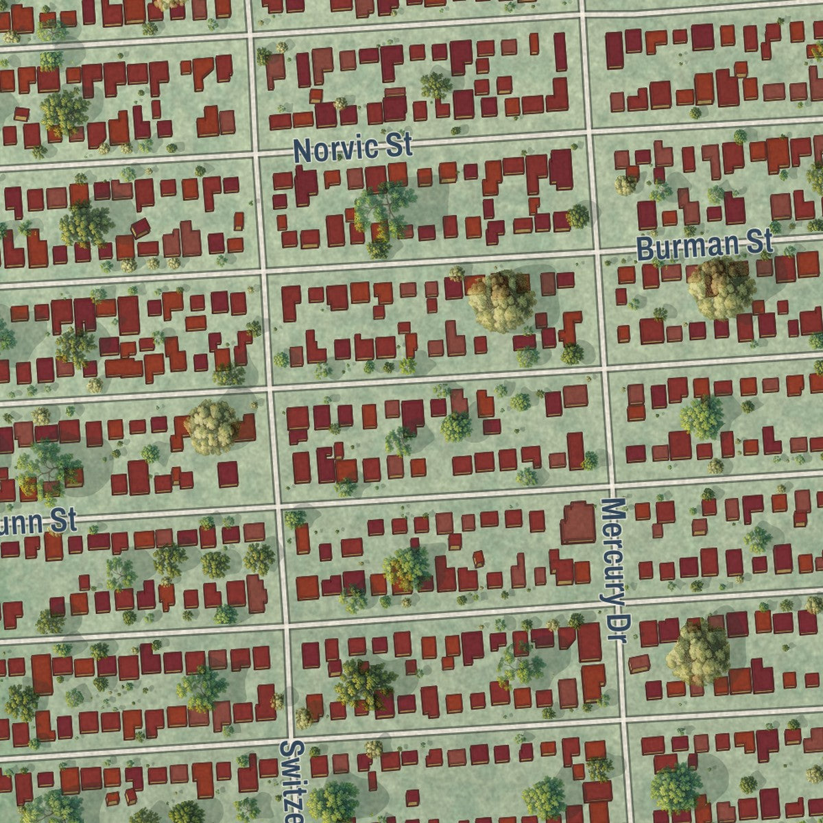 Close-up of the map of Jacinto City, Texas print showing street and building detail