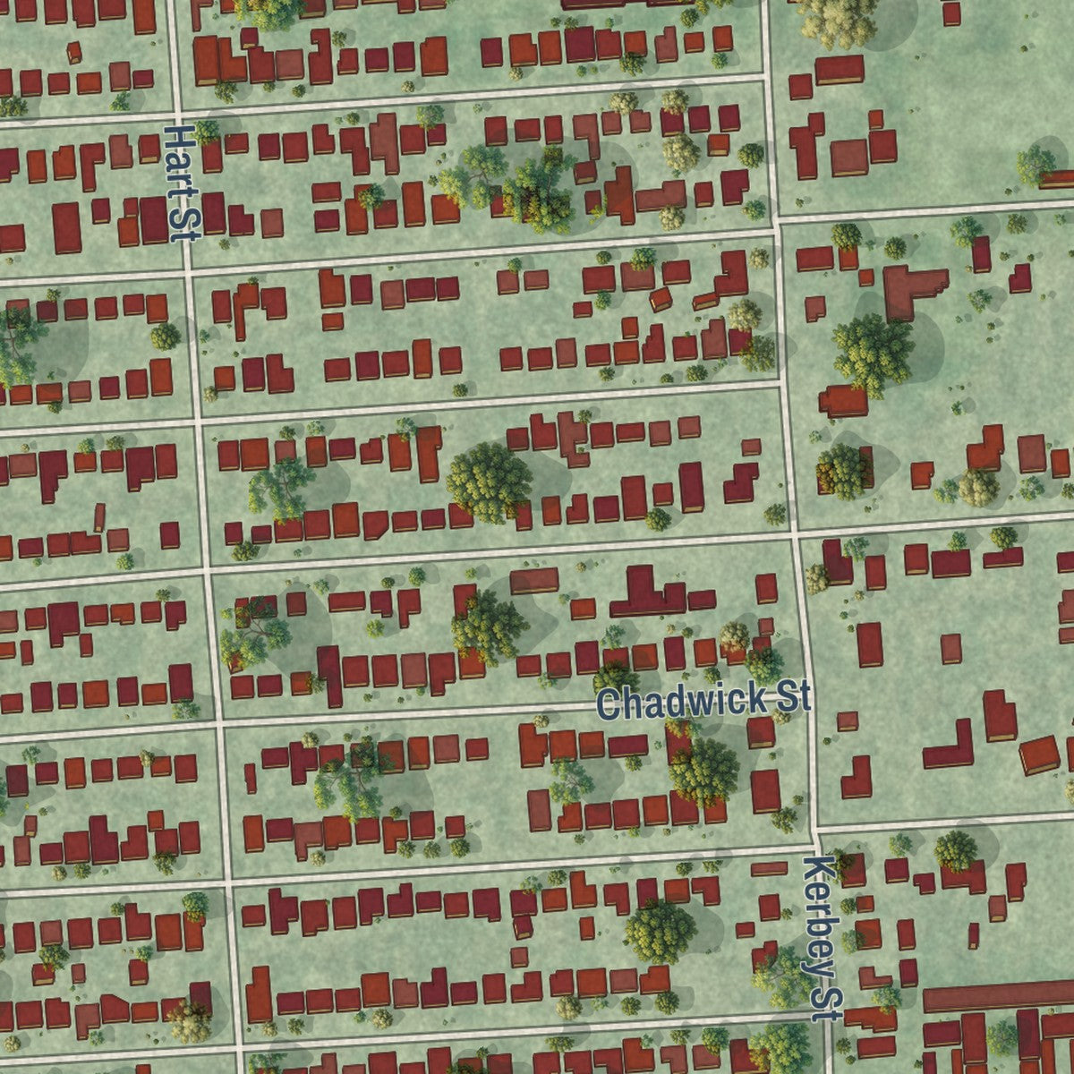 Second close-up of the map of Jacinto City, Texas print showing more streets and buildings