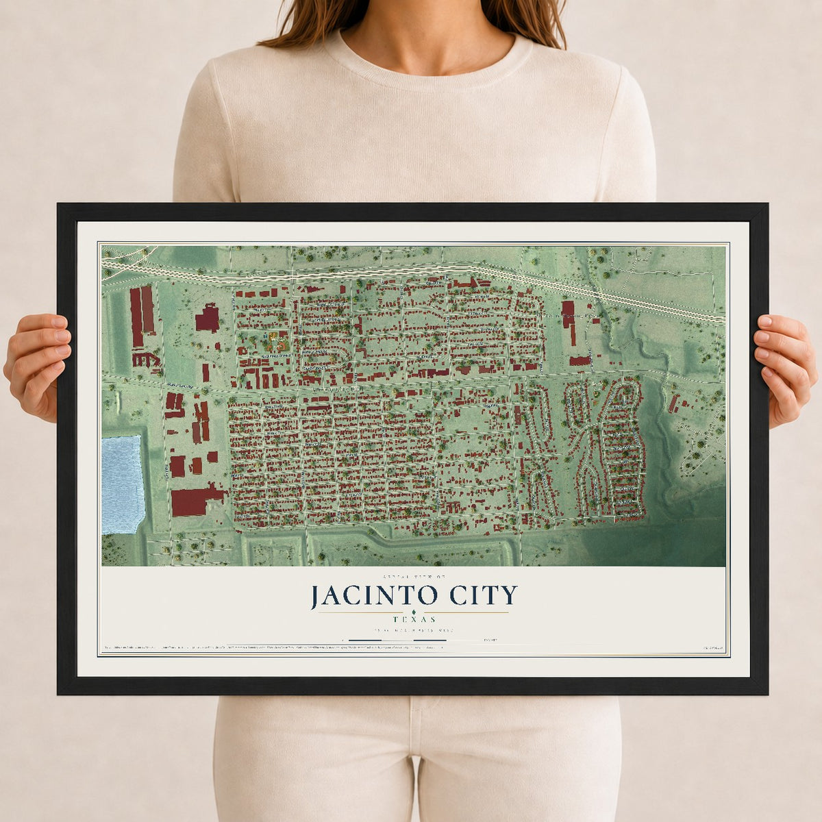 Map of Jacinto City, Texas, 12 x 18 inch print in a black wood frame