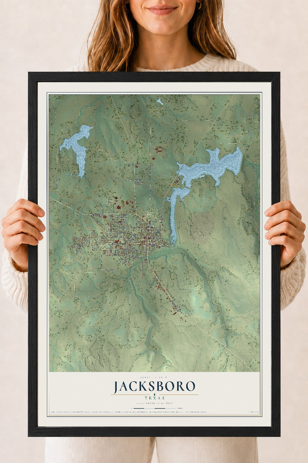 Map of Jacksboro, Texas, 18 x 24 inch print in a black wood frame