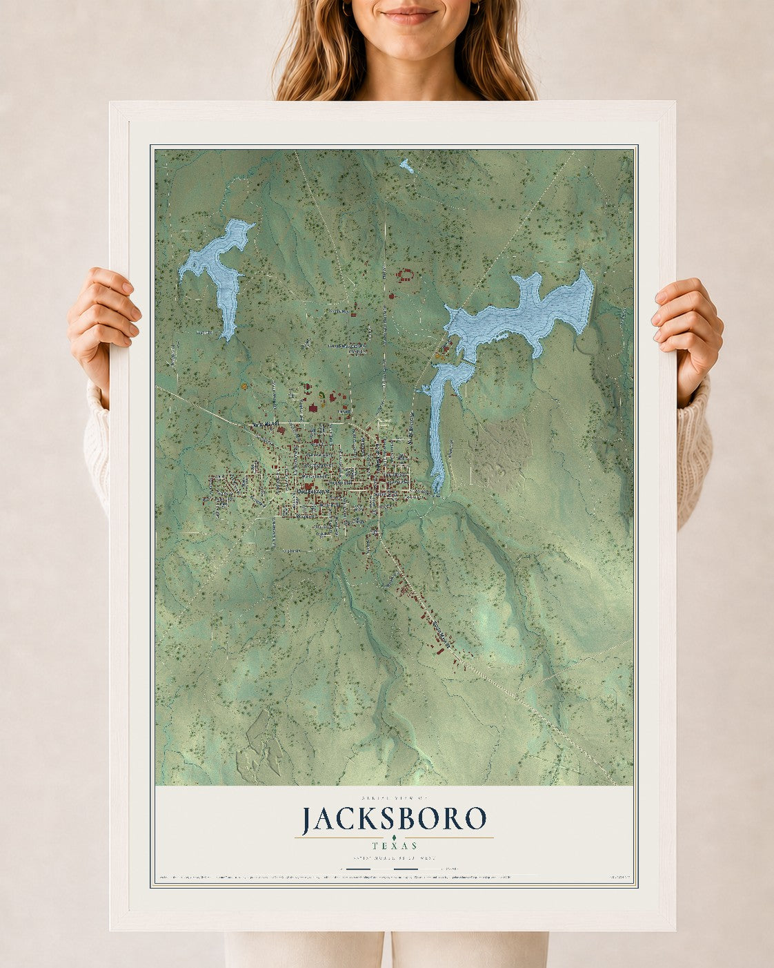 Map of Jacksboro, Texas, 24 x 36 inch print in a white wood frame