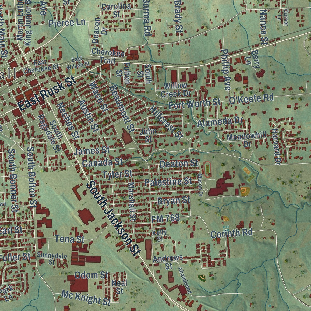 Close-up of the map of Jacksonville, Texas print showing street and building detail