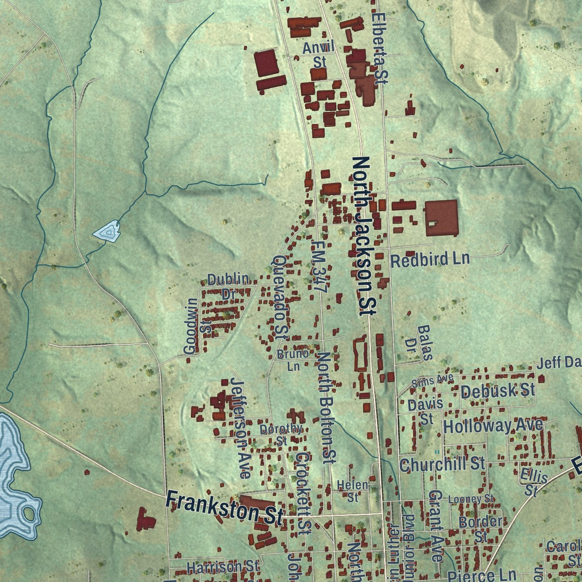 Second close-up of the map of Jacksonville, Texas print showing more streets and buildings