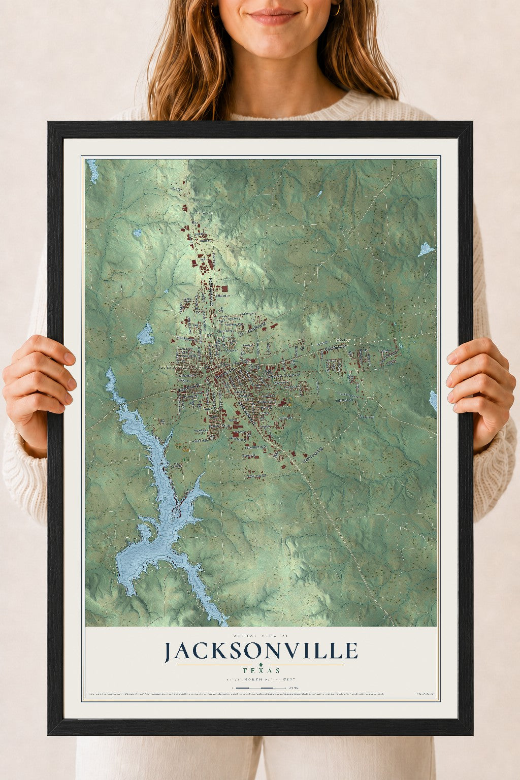 Map of Jacksonville, Texas, 18 x 24 inch print in a black wood frame