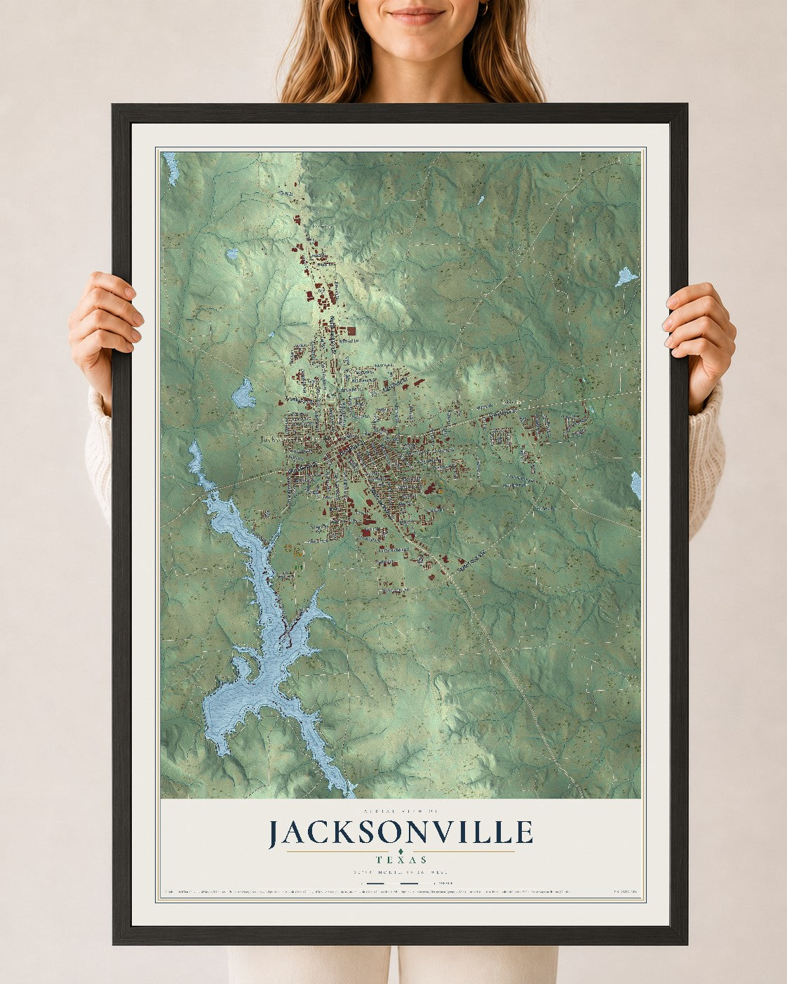 Map of Jacksonville, Texas, 24 x 36 inch print in a black wood frame