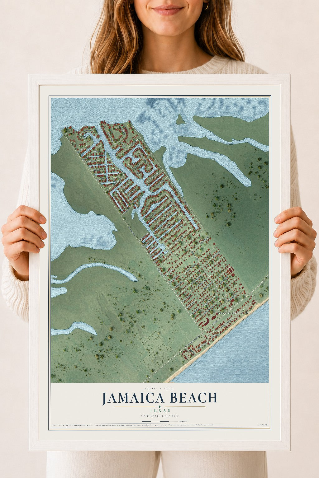 Map of Jamaica Beach, Texas, 18 x 24 inch print in a white wood frame