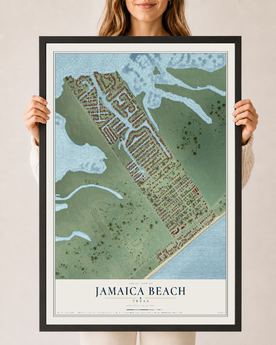 Map of Jamaica Beach, Texas, 24 x 36 inch print in a black wood frame