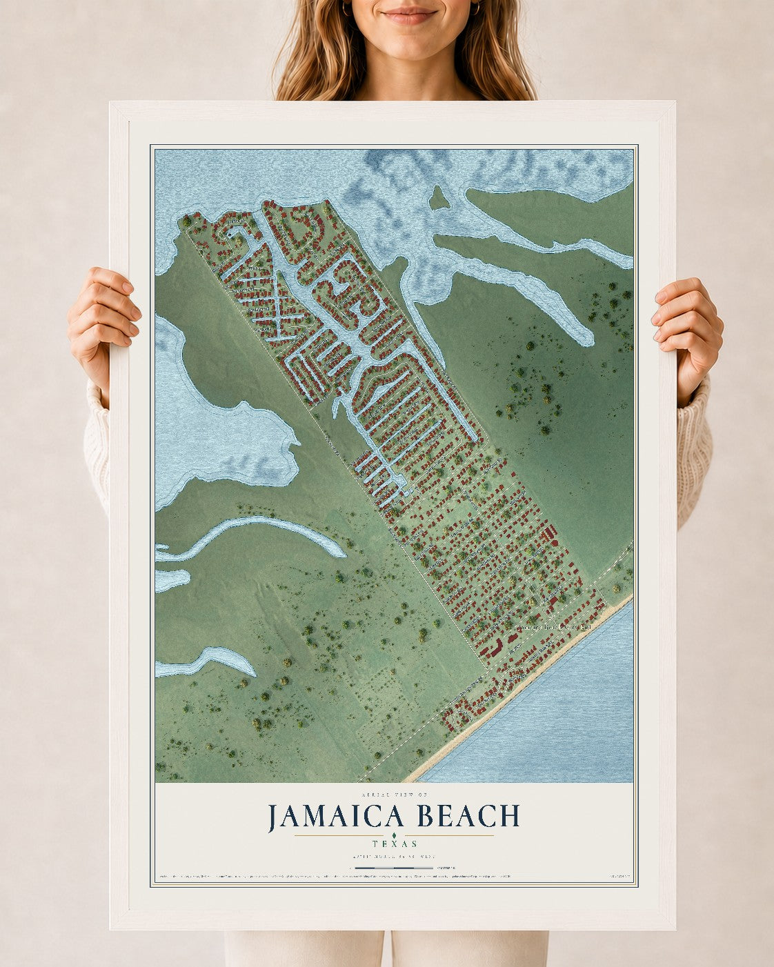 Map of Jamaica Beach, Texas, 24 x 36 inch print in a white wood frame