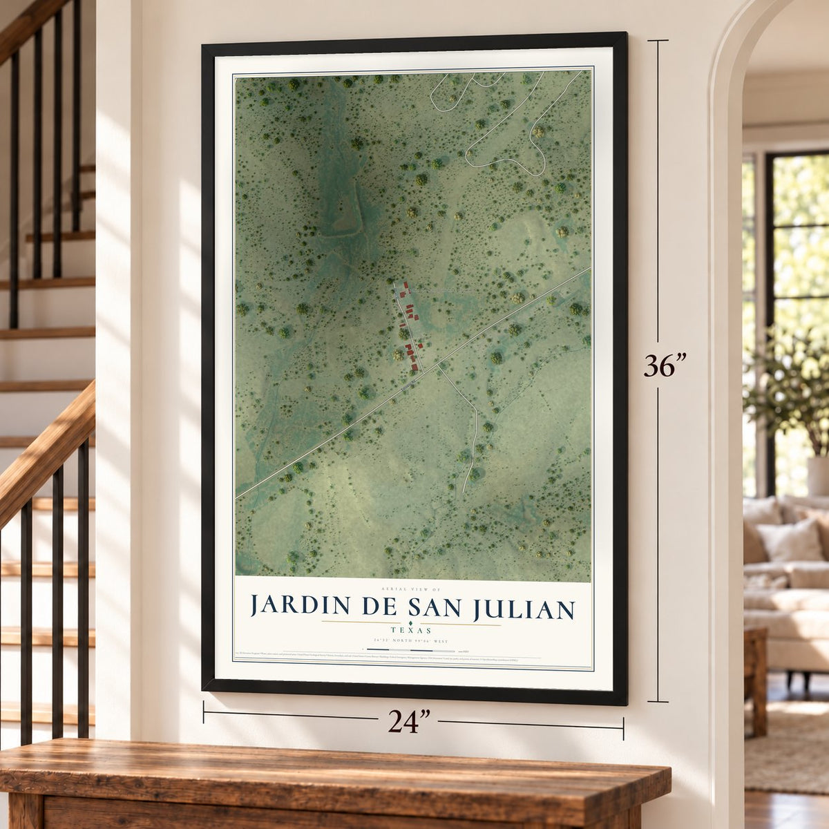 Jardin de San Julian, Texas map, 24 x 36 inch print in a black frame by a staircase