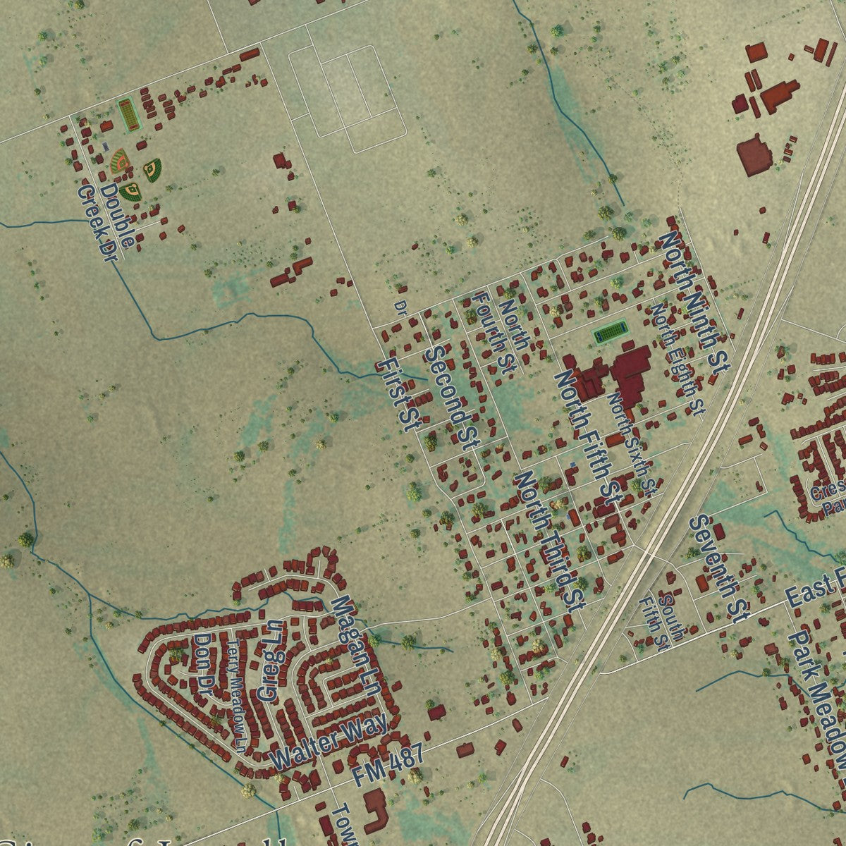 Close-up of the map of Jarrell, Texas print showing street and building detail