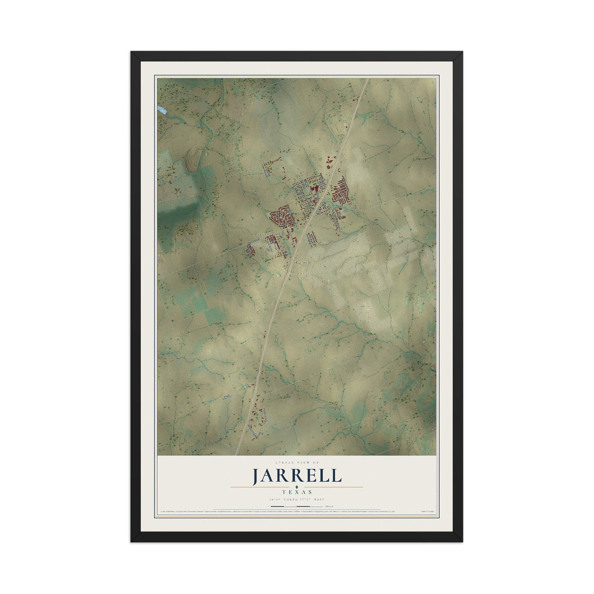 Map of Jarrell, Texas, 12 x 18 inch print in a black wood frame