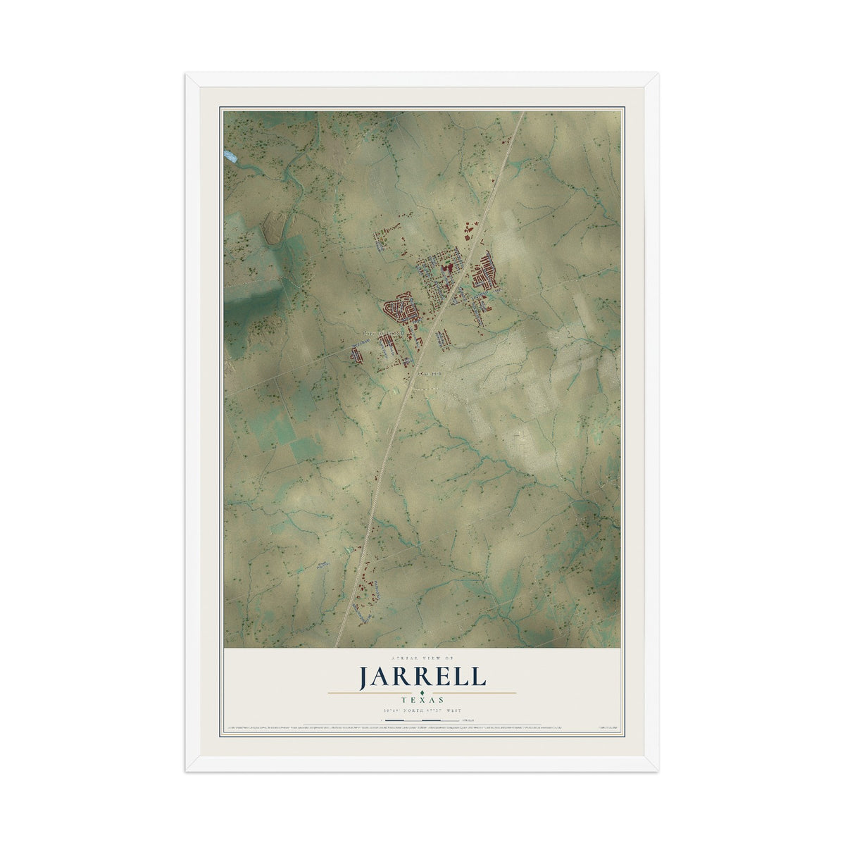 Map of Jarrell, Texas, 12 x 18 inch print in a white wood frame