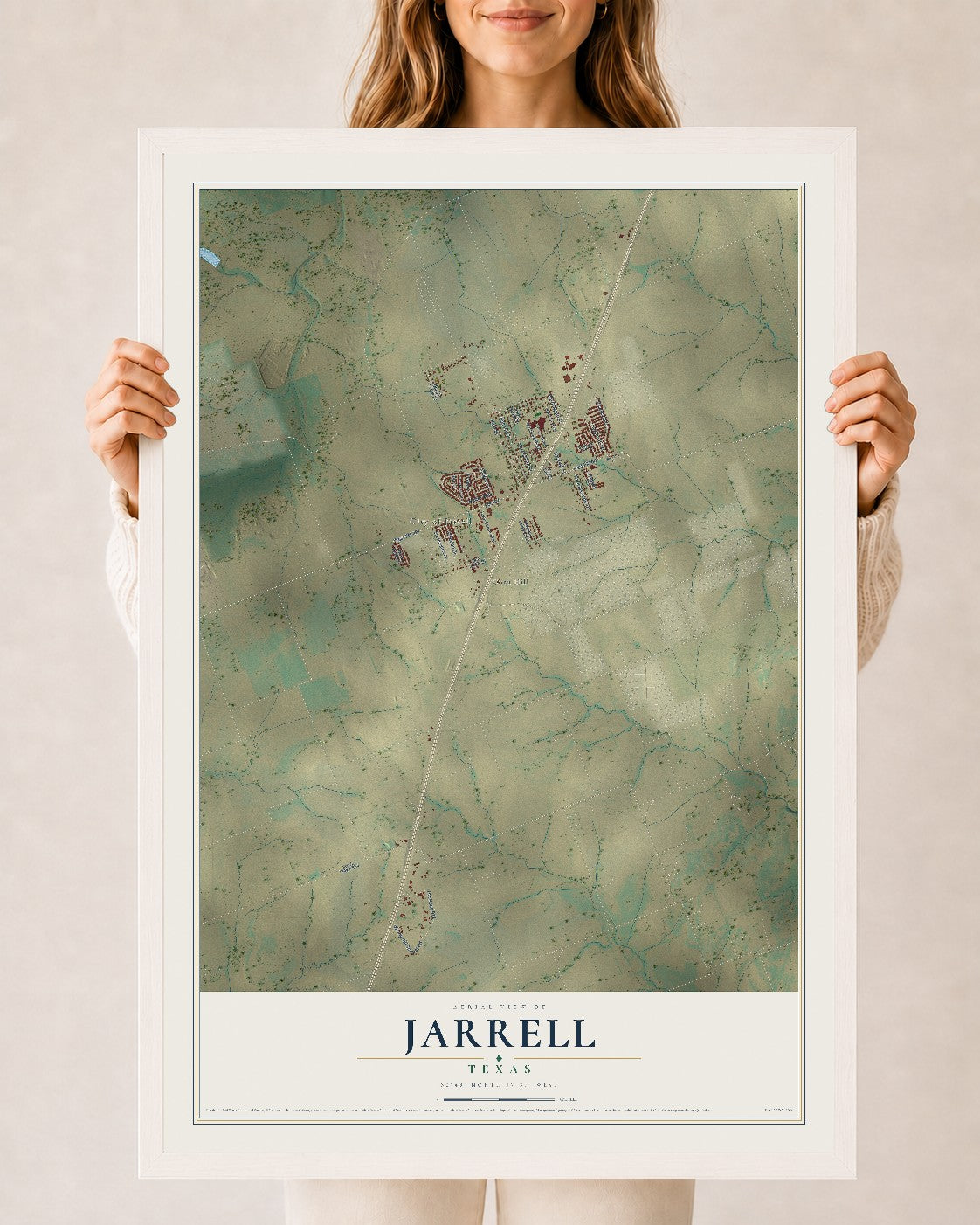 Map of Jarrell, Texas, 24 x 36 inch print in a white wood frame