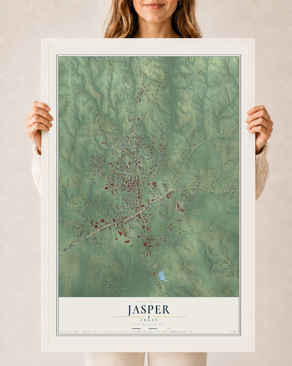Map of Jasper, Texas, 24 x 36 inch print in a white wood frame