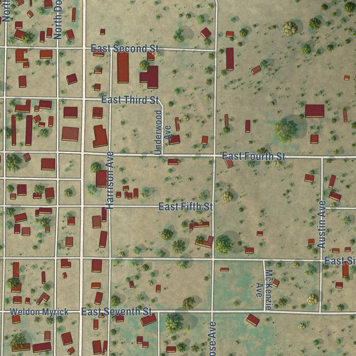 Close-up of the map of Jayton, Texas print showing street and building detail