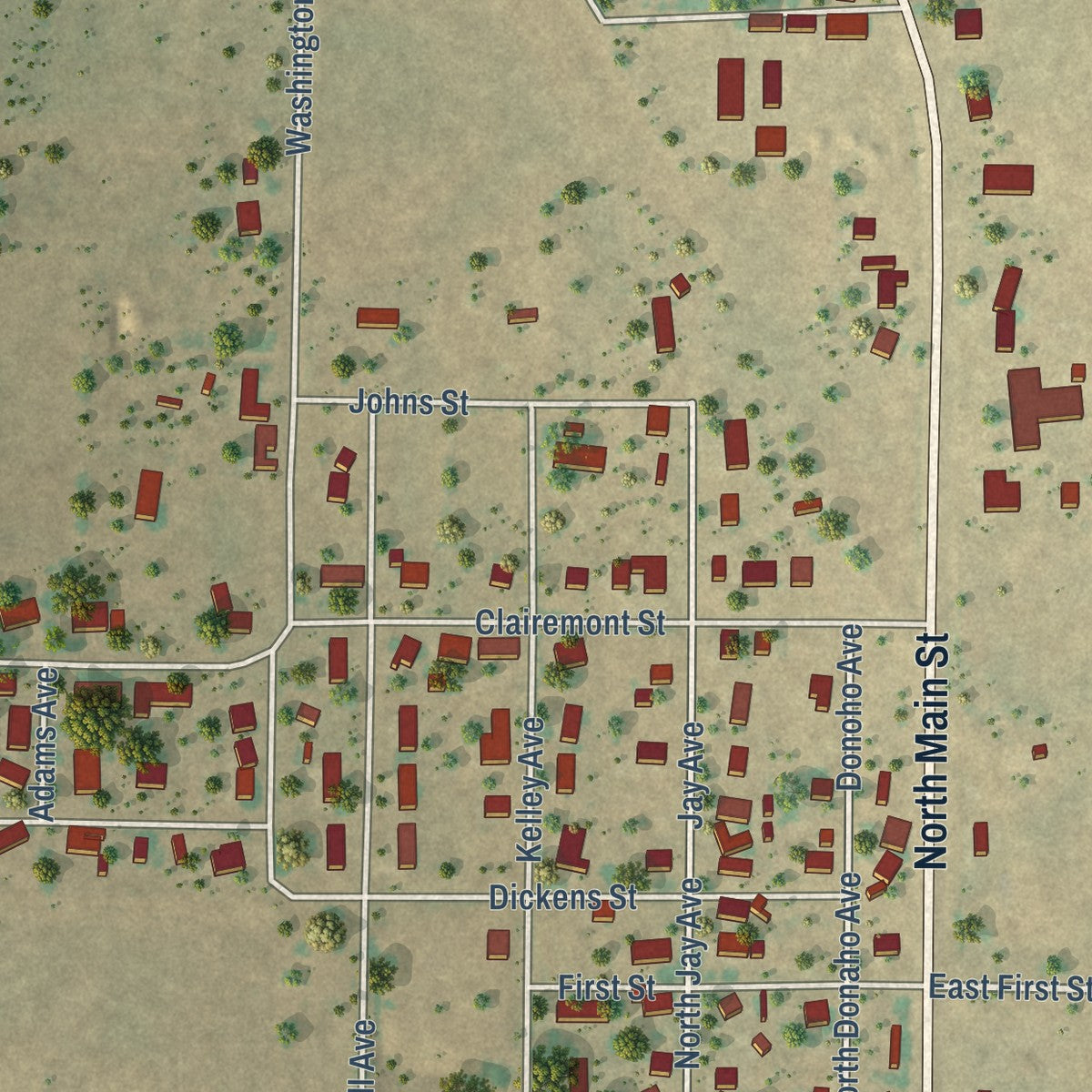 Second close-up of the map of Jayton, Texas print showing more streets and buildings