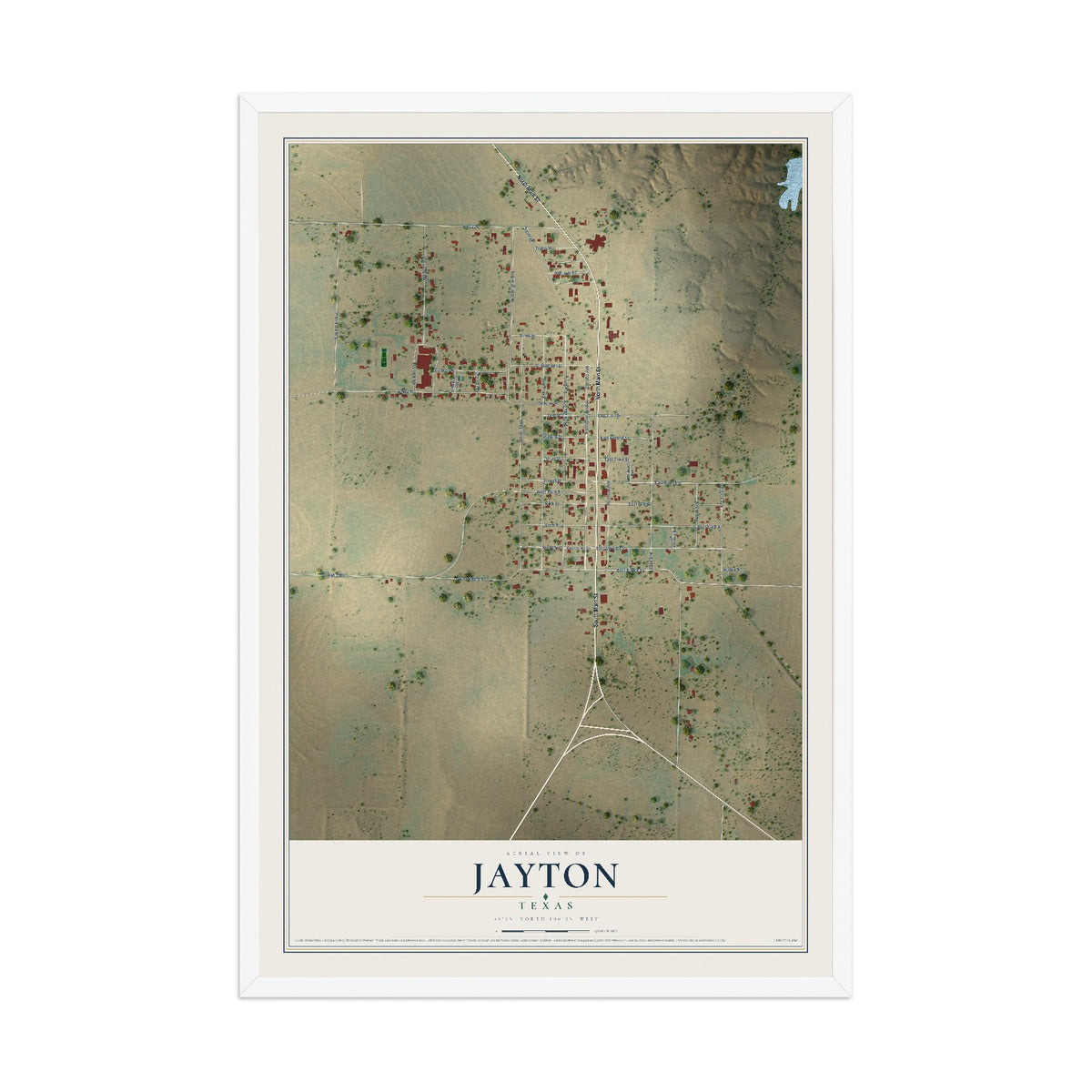 Map of Jayton, Texas, 12 x 18 inch print in a white wood frame