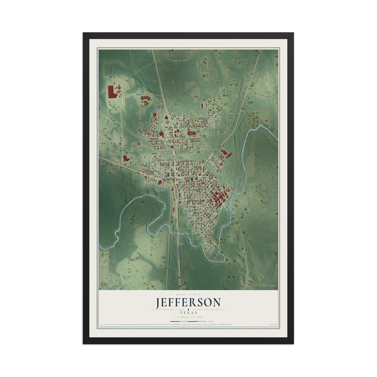 Map of Jefferson, Texas, 12 x 18 inch print in a black wood frame